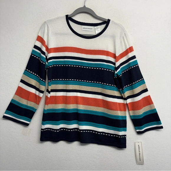 NWT Alfred Dunner Blouse Knit Striped White Blue Salmon Acrylic S - Picture 1 of 7